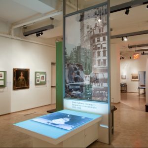 Printed scrim graphic with tabletop for projection from ceiling – New-York Historical Society in collaboration with El Museo del Barrio and John Esposito Design Studio